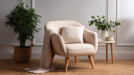 A cozy modern armchair in soft beige tones nestled in a stylish living room, complemented by lush greenery, creating an inviting and elegant atmosphere.の素材