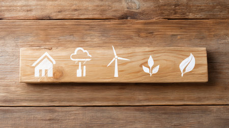 A wooden plank featuring eco-friendly symbols that represent sustainable living practices, including home, weather, wind energy, and plant life.の素材