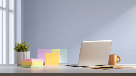 A serene workspace featuring a sleek laptop, colorful sticky notes, a small potted plant, and a coffee mug, set against a soft, bright wall.の素材
