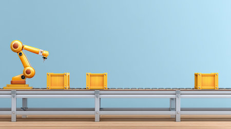 A vibrant robotic arm operates on an industrial conveyor belt, showcasing modern automation in a workspace filled with bright yellow crates, enhancing efficiency in production.の素材