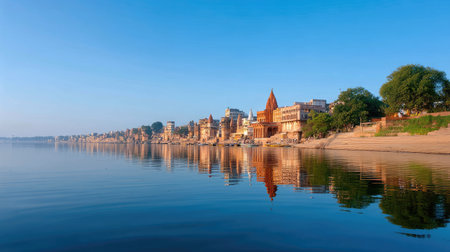 A tranquil scene showcasing the morning beauty along the banks of the Ganges River in Varanasi, India. Reflecting historic buildings against a clear blue sky, this image captures the calm and spiritual essence of this iconic destination.の素材