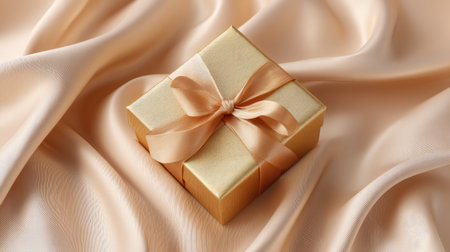 This image showcases an elegant gold gift box adorned with a delicate ribbon, beautifully placed on soft peach satin fabric, perfect for any celebration.の素材