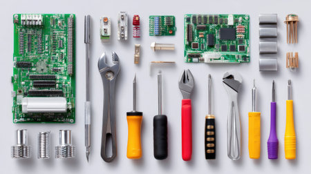 A curated arrangement of tools and electronic components on a gray background, ideal for illustrating concepts of repair, maintenance, and electronics.の素材