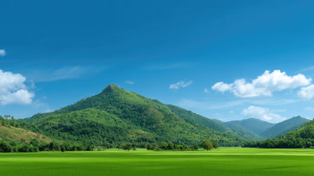 A breathtaking view of a lush green landscape features a prominent mountain against a clear blue sky and fluffy white clouds, creating tranquility.の素材