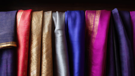 A stunning collection of traditional textiles featuring vibrant colors and intricate patterns, perfect for fashion, decor, or cultural representation.の素材