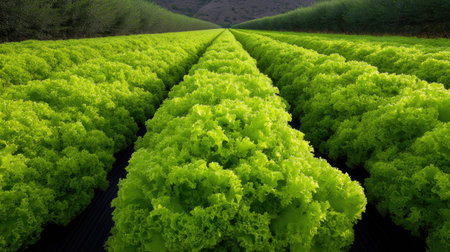 A stunning view of vibrant green lettuce rows growing in a well-maintained field under a clear blue sky, showcasing agricultural beauty.の素材