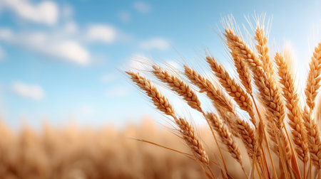 A stunning image of golden wheat gently swaying in the breeze under a bright blue sky with fluffy white clouds, showcasing the beauty of nature.の素材