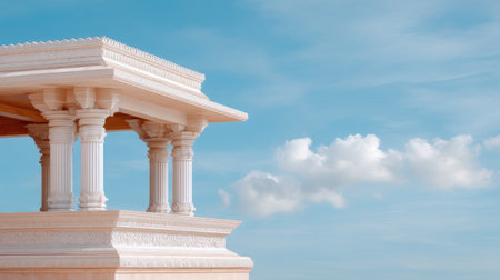 This image features an elegant white temple structure with intricate columns under a clear blue sky, creating a serene and tranquil atmosphere perfect for contemplation.の素材