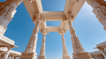 An awe-inspiring view of ornate temple architecture, showcasing intricate pillars and decorative details against a backdrop of clear blue sky.の素材