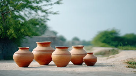 A collection of traditional clay pots elegantly arranged outdoors, showcasing their earthy texture amid lush greenery, representing craftsmanship and culture.の素材
