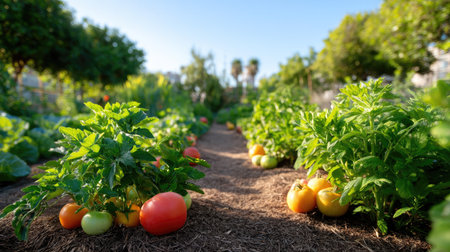 A vibrant vegetable garden showcases lush green plants and colorful tomatoes under a clear blue sky, symbolizing healthy growth and sustainable living.の素材