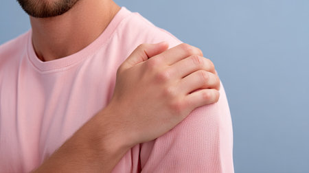A close-up shot of a male hand gently resting on his shoulder against a soft blue background, conveying themes of health, wellness, and personal care.の素材
