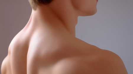 This close-up image features the bare shoulder and neck of a male, showcasing smooth skin and soft lighting. Ideal for wellness and beauty themes.の素材