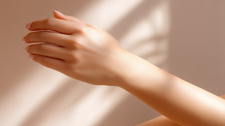 A graceful female hand elegantly positioned in soft natural light, casting gentle shadows against a minimalist backdrop, evoking beauty and tranquility.の素材