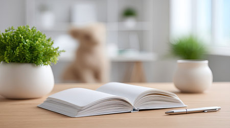 Bright and serene workspace featuring an open blank notebook on a wooden desk, surrounded by modern decor and indoor plants, inviting creativity and inspiration.の素材