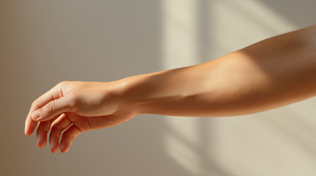 A beautifully lit image of an outstretched arm that showcases the fine details of skin texture, enhanced by soft shadows and natural light, evoking feelings of calm and elegance.の素材