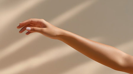 A beautifully lit image of a graceful female hand reaching out, showcasing smooth skin textures against a soft, neutral background, invoking elegance and serenity.の素材