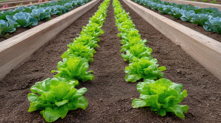 A picturesque view of vibrant green lettuce plants growing in neat rows within a well-maintained garden. This image highlights the rich soil and healthy growth, ideal for promoting sustainable farming practices.の素材