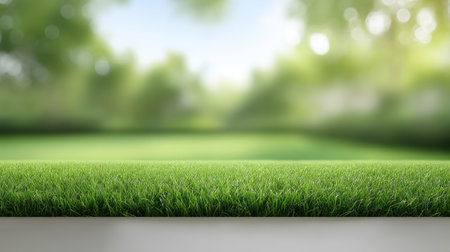 This image showcases a vibrant patch of lush green grass set against a beautifully blurred natural background, creating a serene outdoor atmosphere.の素材