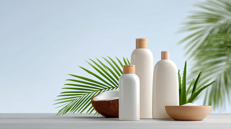 A serene arrangement of natural beauty products showcases elegant bottles beside coconut and aloe, embodying a fresh and organic skincare experience.の素材