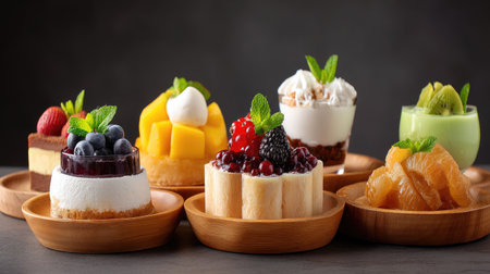 A vibrant collection of miniature desserts featuring creamy layers, fresh fruits, and mint garnish, beautifully arranged on wooden plates, ideal for any occasion.の素材