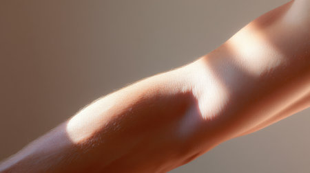A close-up image highlighting the soft and smooth texture of human skin. Natural light plays on the surface, creating subtle shadows and warmth against a neutral backdrop, evoking a sense of wellness and beauty.の素材