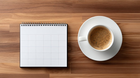 A top-down view of a blank calendar page next to a coffee cup on a wooden table, ideal for showcasing planning, productivity, and workspace aesthetics.の素材