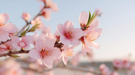 This image captures delicate pink cherry blossoms on a branch, set against a soft sky background, conveying the beauty and tranquility of springtime.の素材