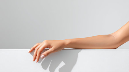 A close-up of a beautifully manicured female hand resting gracefully on a sleek, minimalist surface, embodying elegance and simplicity in a serene setting.の素材
