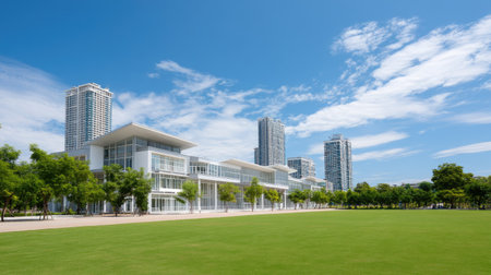 A stunning depiction of modern architecture against a clear blue sky, showcasing green spaces and vibrant city life, perfect for urban landscape enthusiasts.の素材