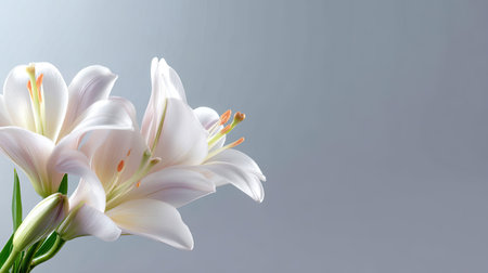 A stunning arrangement of white lilies against a soft gray background, showcasing the elegance and beauty of nature. Perfect for floral design and decoration.の素材