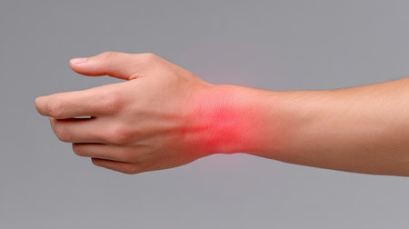 Hand with red light therapy on the forearm highlighting wellness and alternative health treatment showcasing innovation in personal care methods.の素材