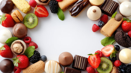 This stunning image showcases a variety of gourmet desserts artfully arranged in a circular fashion with fresh berries and vibrant mint leaves, perfect for tasteful presentations.の素材