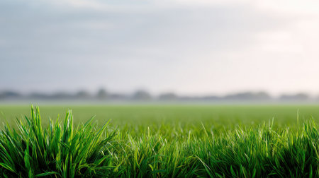 This image showcases a vibrant patch of lush green grass set against a soft, cloudy sky, portraying a tranquil outdoor landscape ideal for nature lovers.の素材