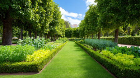 A picturesque garden path features vibrant greenery and manicured hedges, inviting visitors to explore nature's beauty under a bright blue sky.の素材