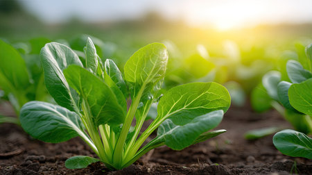 A vibrant young green vegetable thrives in rich soil, illuminated by warm morning sunlight, symbolizing growth and healthy eating in nature.の素材