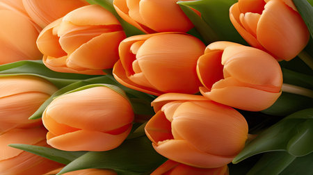 A stunning display of orange tulips, showcasing their soft petals and lush green leaves, creates a vibrant and fresh atmosphere perfect for any celebration or floral arrangement.の素材