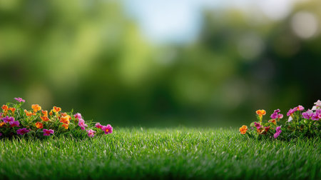 Experience the beauty of a lush green grass field adorned with vibrant flowers in bloom, illuminated by soft natural light, offering a peaceful outdoor scene.の素材