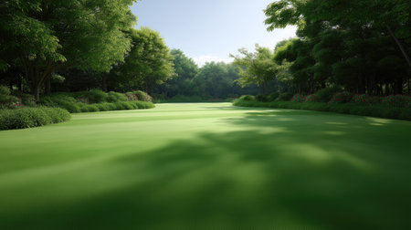 This serene golf course landscape features vast green grass and surrounding lush trees, capturing the essence of a peaceful outdoor environment at sunrise.の素材