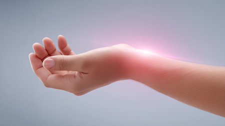 A minimalist image showcasing a human hand with a soft pink glow on the wrist, set against a gentle gray background, evoking feelings of calmness and beauty.の素材