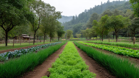 This captivating image showcases a vibrant vegetable garden featuring rows of healthy greens, framed by beautiful trees and mountains under a soft mist.の素材