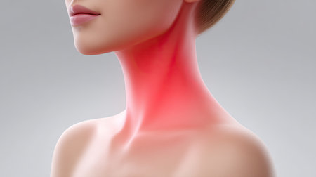 This realistic 3D rendering depicts a woman with neck pain, highlighting inflammation and discomfort. It serves as a visual representation of health and wellness themes.の素材