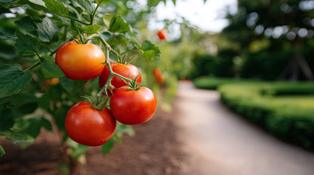 Bright red tomatoes hang from lush green vines in a beautiful garden setting. A serene pathway winds through the area, showcasing nature's bounty.の素材