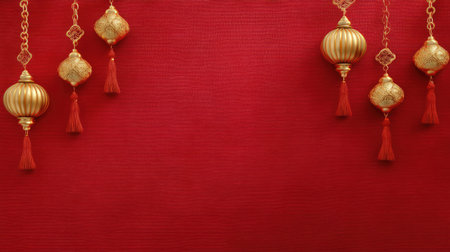 This striking image features elegant golden lanterns with red tassels, suspended against a rich red backdrop, perfect for representing culture and celebration.の素材