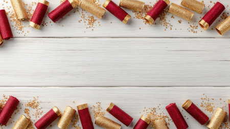 A captivating arrangement of red and gold confetti with sparkling sugar on a white wooden background, perfect for festive events and celebrations.の素材