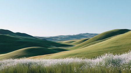 A breathtaking view of tranquil rolling hills adorned with vibrant green grass and blooming white wildflowers under a clear blue sky. This serene landscape evokes peace and relaxation, perfect for nature lovers and outdoor enthusiasts.の素材