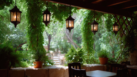 A serene indoor garden space featuring lush greenery and warm lanterns enhances the tranquil atmosphere, offering a cozy retreat for relaxation and leisure.の素材