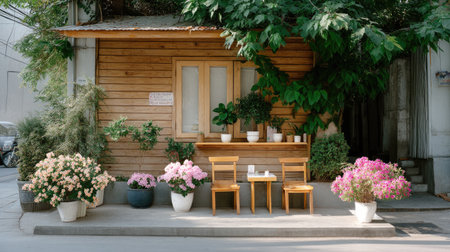 This captivating image showcases a charming wooden house adorned with vibrant flower pots and lush greenery, creating a serene urban atmosphere. Perfect for design and lifestyle themes.の素材