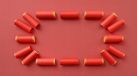 This image features an elegant circular arrangement of red paper rolls with gold accents, perfect for festive decoration and thematic events.の素材