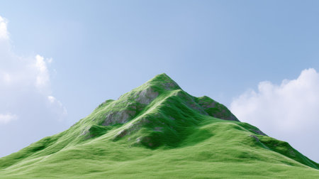 Captivating image of a lush green mountain rising against a bright blue sky with fluffy clouds, embodying tranquility and natural beauty for outdoor enthusiasts.の素材